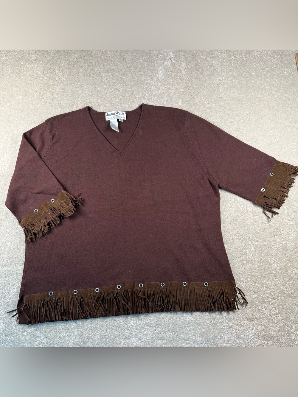 Joseph A Sweater Silk Blend Brown Faux Suede Fringe Detail V Neck Women's 1X
